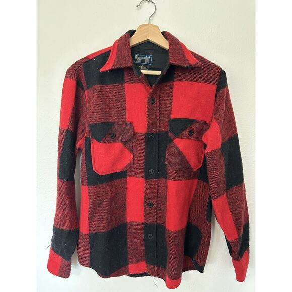 Vintage Mens S Bronzini Red Buffalo Check Button Shirt Jacket Wool Blend Shacket - Picture 2 of 7
